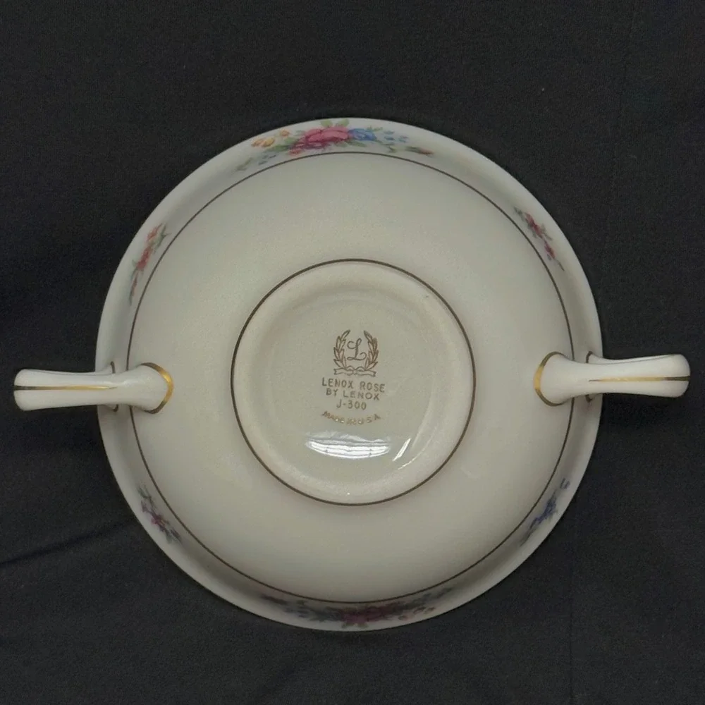 Lenox Rose Floral Cream Soup Handle Bowls Set 3 Pcs Floral Gold Trim 5 Inch Diam